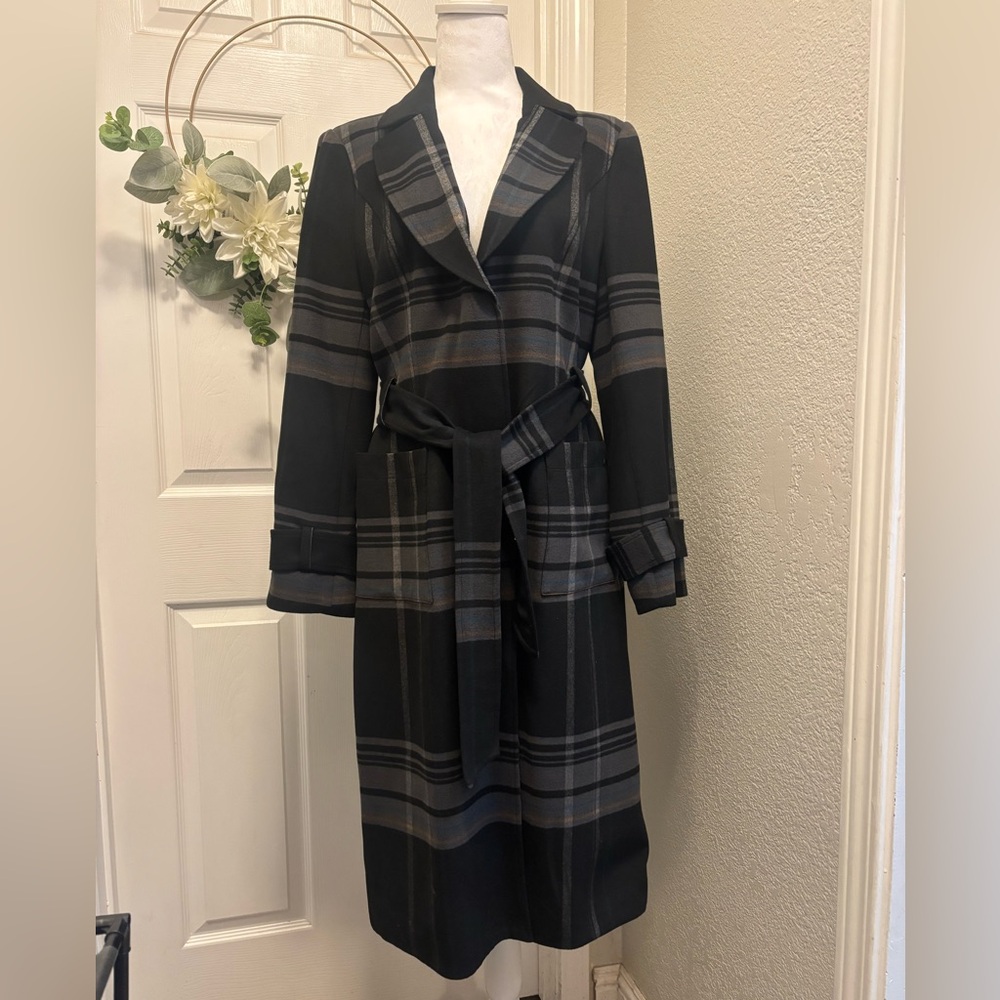 White House Black Market 
Black and Gray Plaid Trench Coat